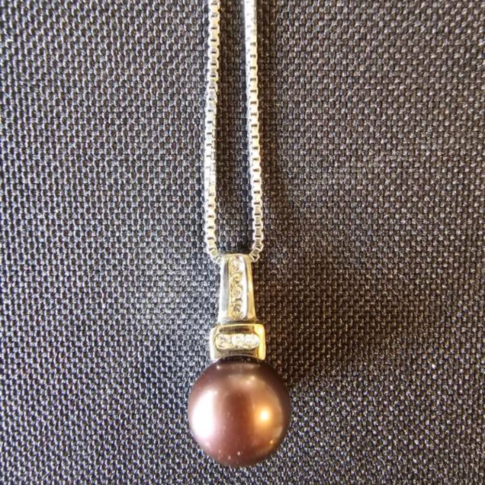 Sterling Silver & 14K Yellow Gold 8mm Brown Pearl & Diamond Pendant with 18" Chn